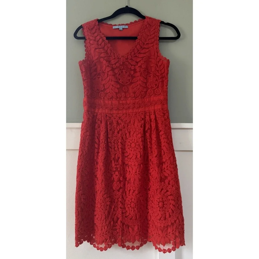 Antonio Melani dress Lace Red‎ Size 4 Stunning V Neck Sheath